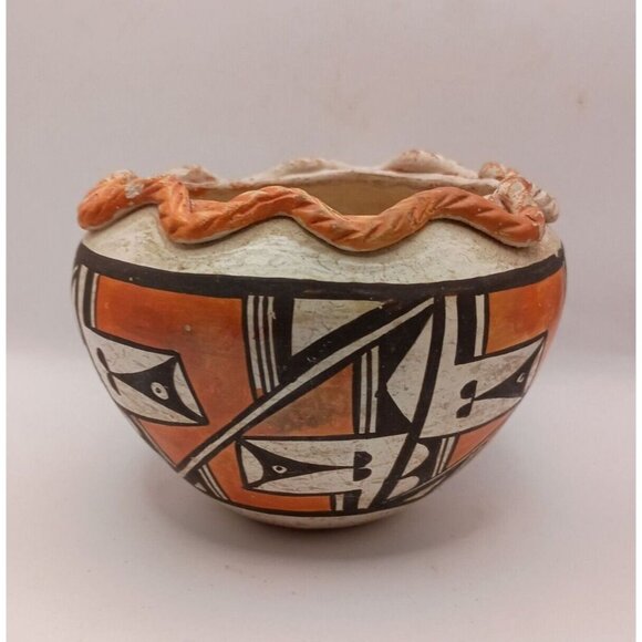 Old Vintage Acoma Pueblo Polychrome Pottery Bowl Olla Pie Crust Rim 3" x 4.5" - Picture 1 of 12
